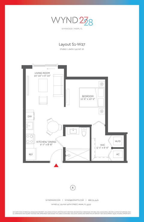 Floor plan for studio, 1 bath, 527 sqft